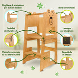 Kauza 3-In-1 Torre Montessoriana Trasformabile in Legno Naturale, Sgabello Da Cucina E Bagno per Bambini Con Lavagna, Torretta Di Apprendimento Pieghevole Con Tavolo E Sedia, Sicura Da 1 Anno