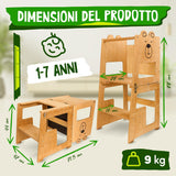 Kauza 3-In-1 Torre Montessoriana Trasformabile in Legno Naturale, Sgabello Da Cucina E Bagno per Bambini Con Lavagna, Torretta Di Apprendimento Pieghevole Con Tavolo E Sedia, Sicura Da 1 Anno