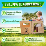 Kauza 3-In-1 Torre Montessoriana Trasformabile in Legno Naturale, Sgabello Da Cucina E Bagno per Bambini Con Lavagna, Torretta Di Apprendimento Pieghevole Con Tavolo E Sedia, Sicura Da 1 Anno