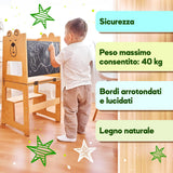 Kauza 3-In-1 Torre Montessoriana Trasformabile in Legno Naturale, Sgabello Da Cucina E Bagno per Bambini Con Lavagna, Torretta Di Apprendimento Pieghevole Con Tavolo E Sedia, Sicura Da 1 Anno